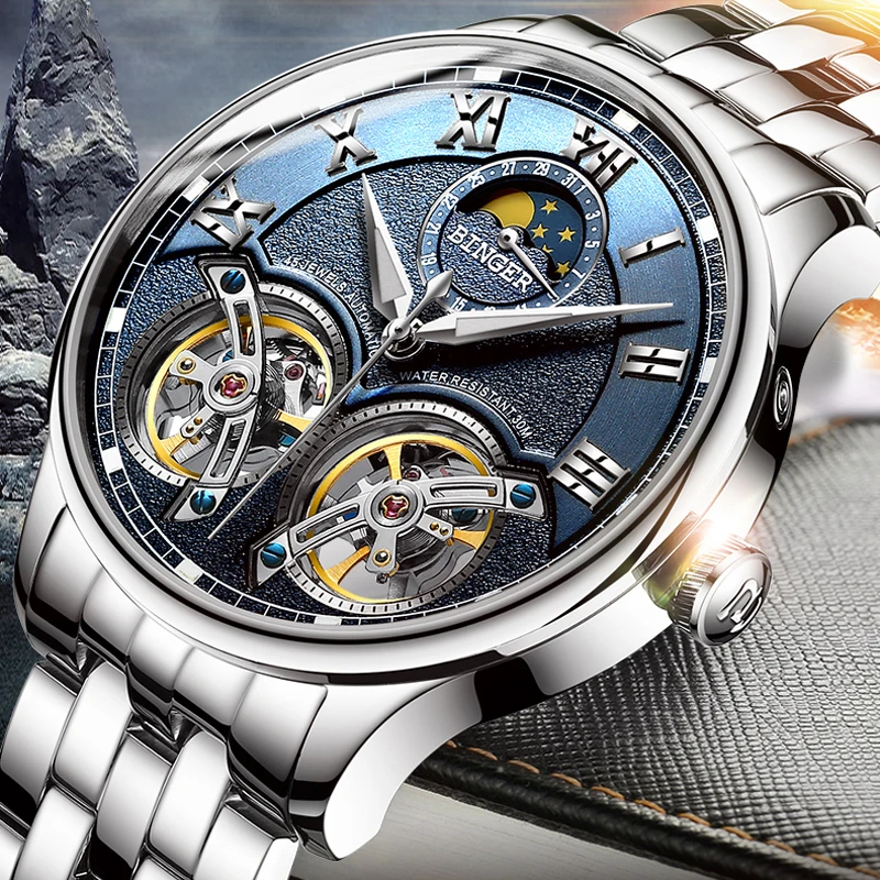 Мужские часы BINGER Double tourbillon модные автоматические механические