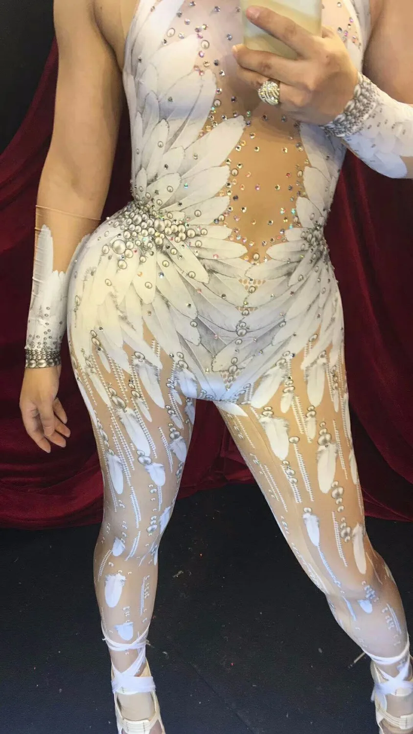 

Crystals Wings Angel Jumpsuit White Feather 3D Printed Bodysuit Nigthclub Singer Dance Outfit Rhinestones Stage Rompers dress