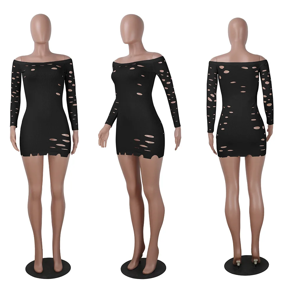 С открытыми плечами отверстия пакет хип вязать Bodycon платье Женщины Черный Белый