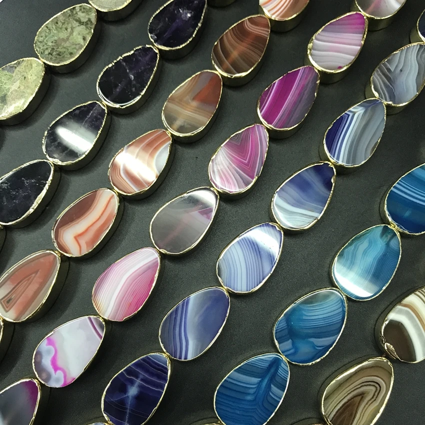 7 Stone Choice 11pcs/strand Natural Gems Gold Edged Drop Slab Slice Pendants Unakite Amethysts Agates Nugget Beads Jewelry | Украшения и
