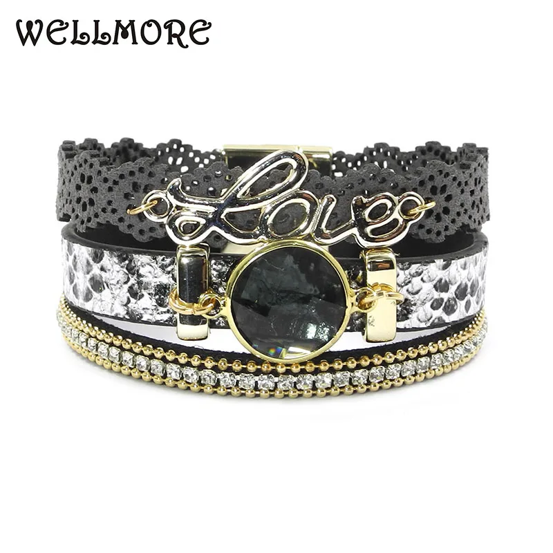 WELLMORE змеиные кожаные браслеты сплав любовь кристалл богемные для женщин