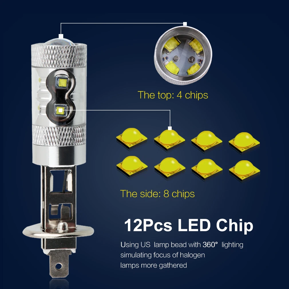 2 шт. H1 светодиодный лампы Противотуманные фары Дневные Фары Лампы 12V светодиодный чипов 60 Вт авто лампы 6000K Белый Замена для автомобильных огней