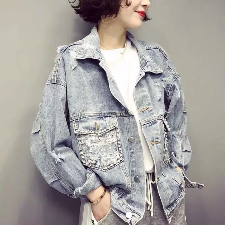 

YingYuanFang Short beaded denim jacket lapels worn sequin pocket