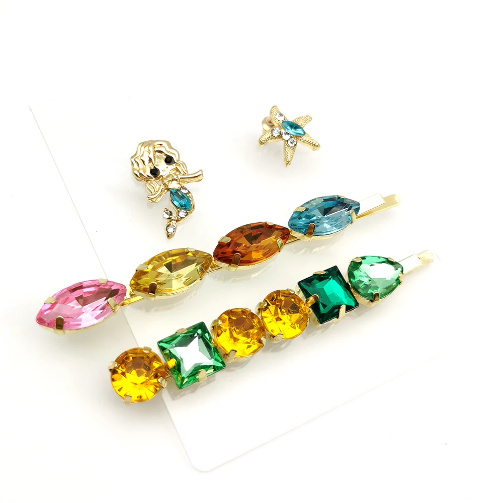 colorful rhinestones hair cilp stud earrings set mermaid starfish cactus bling high quality hairpins fashion headdress | Украшения и