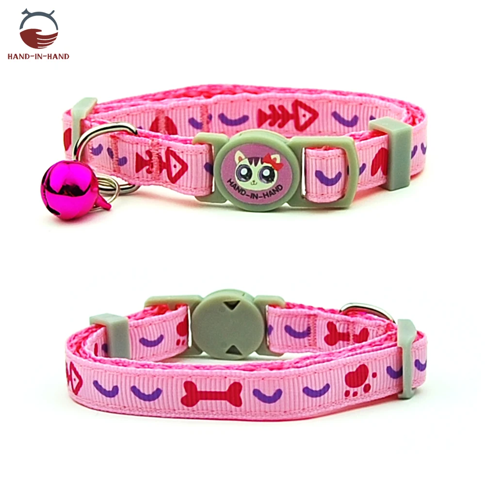 Cat Collar Pet Product Collar Safety Buckle Quick Release Cartoon printed Collar - Цвет: Pink Fishbone