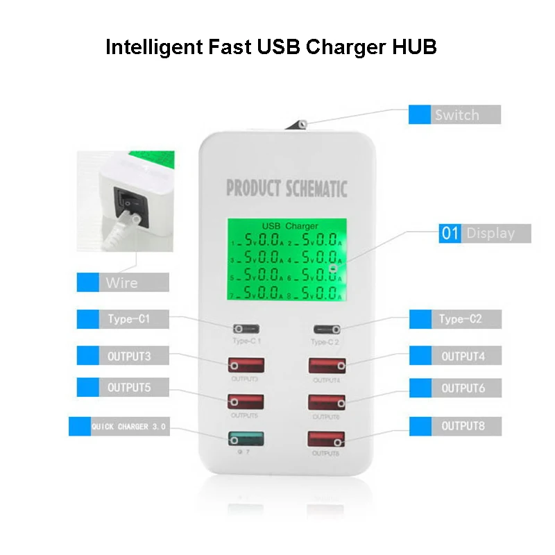 QC 3 0 USB зарядное устройство 8 портов 5 В/7A Тип C быстрое ЖК дисплей для iPhone Xs MAX iPad AMSUNG