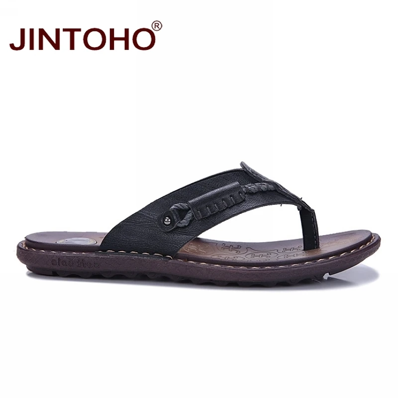 Лето jintoho/пляжная обувь; Вьетнамки; тапочки для мужчин; модные кожаные шлепанцы; Летние вьетнамки; брендовые шлепанцы