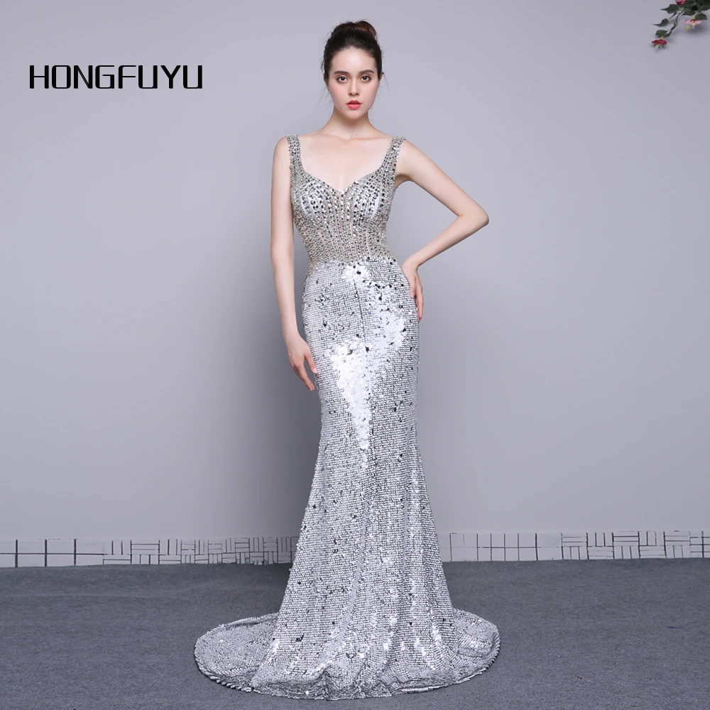 Настоящая фотография Мода v-образным вырезом без рукавов блесток Русалка Длинные