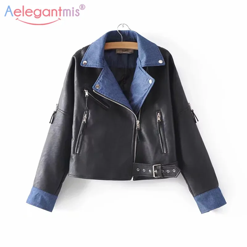 Aelegantmis New Pu Leather Jacket Women Fashion Loose Faux Leather Biker Jacket Black Soft Jacket Ladies Zipper Basic Coat