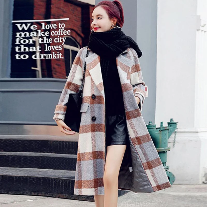 2019 Korean version Women New clothing Winter Wool coat Vintage Double Breasted Long Plaid Woolen Female Warm Overcoat cc43 | Женская