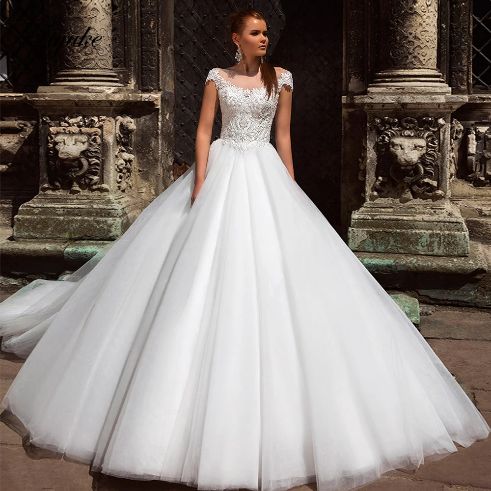 

Julia Kui Scoop Neckline White A-Line Wedding Dress With Elegant Beading And Appliques Of Cap Sleeve Zipper Closure