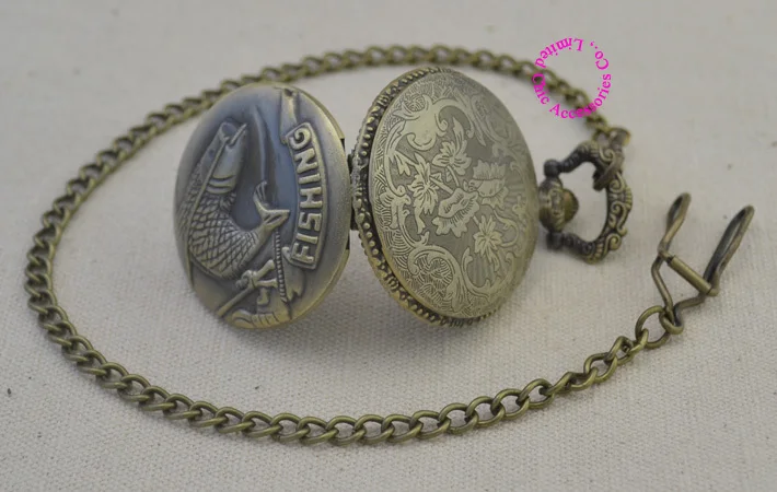 

wholesale fashion quartz fishing pocket watch man classic vintage antique big fish Pendant fob watches ancient bronze classic