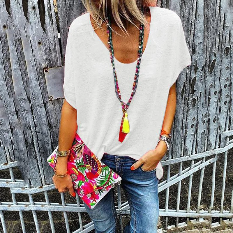 S-6XL летняя Однотонная футболка Женская Сексуальная с v-образным вырезом и