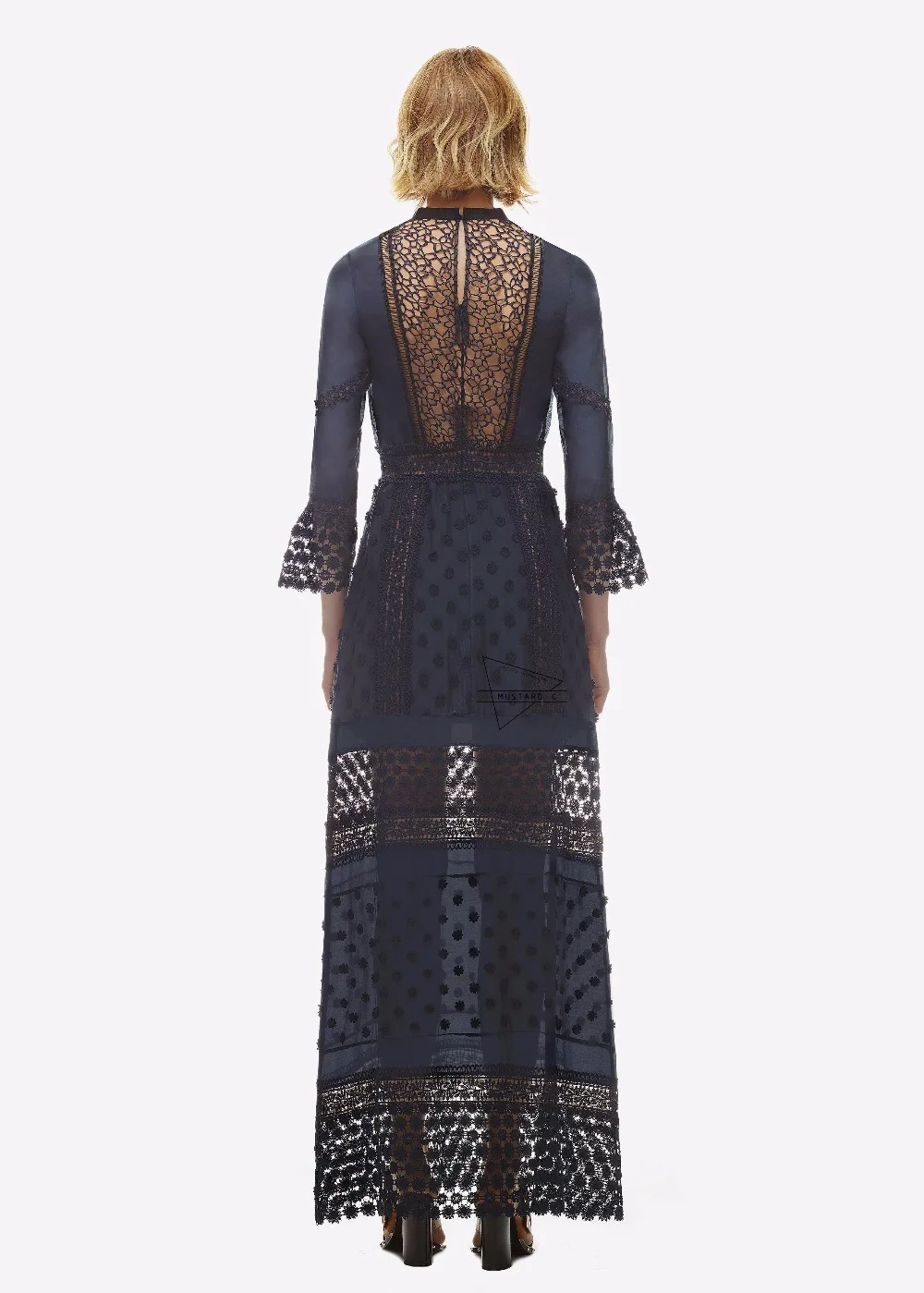 Женское платье-макси с длинным рукавом синее кружевное платье весна 2017 модное