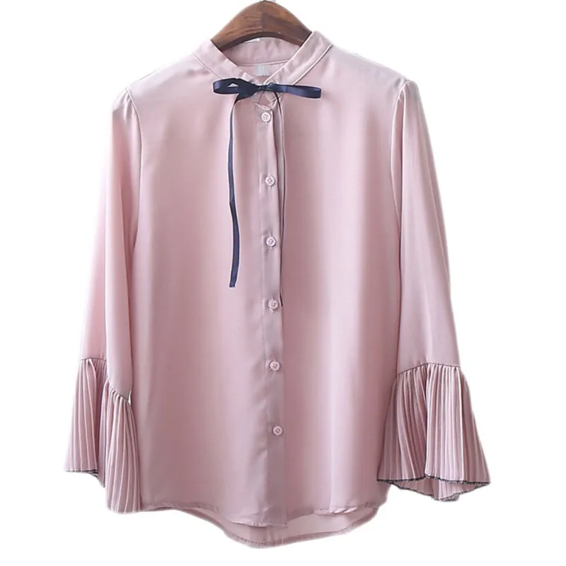 US Warehouse Blouse Women Korean Stand Collar Chiffon solid Shirts Spring Bow Tie Flare Sleeve Elegant Shirt Blue Pink Blusas | Женская
