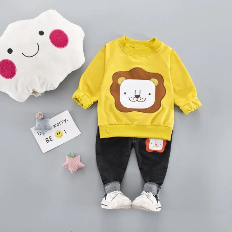 2Pcs Children's Set Boys Clothing Kids Cartoon Lion Print Cotton Sweatshirt Tops Denim Pants Sets |
