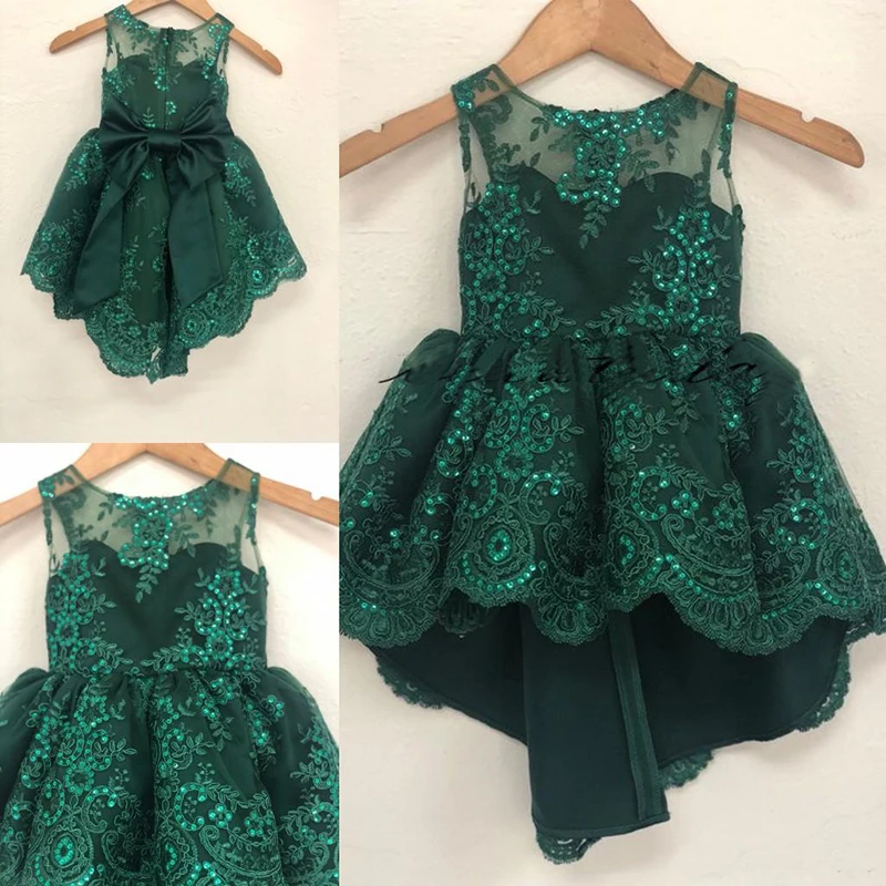 

2019 Vintage Flower Girl Dresses For Wedding Hi-Lo Emeral Green Big Bow Middle East Dubai Princess Kids First Communion Gowns