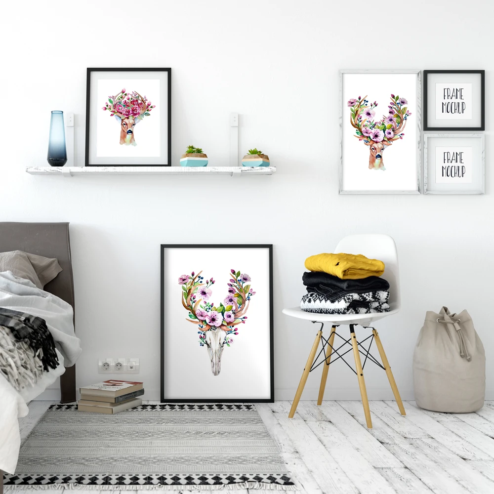 Элегантная поэзия Современная древняя животная голова оленя череп цветы Картина