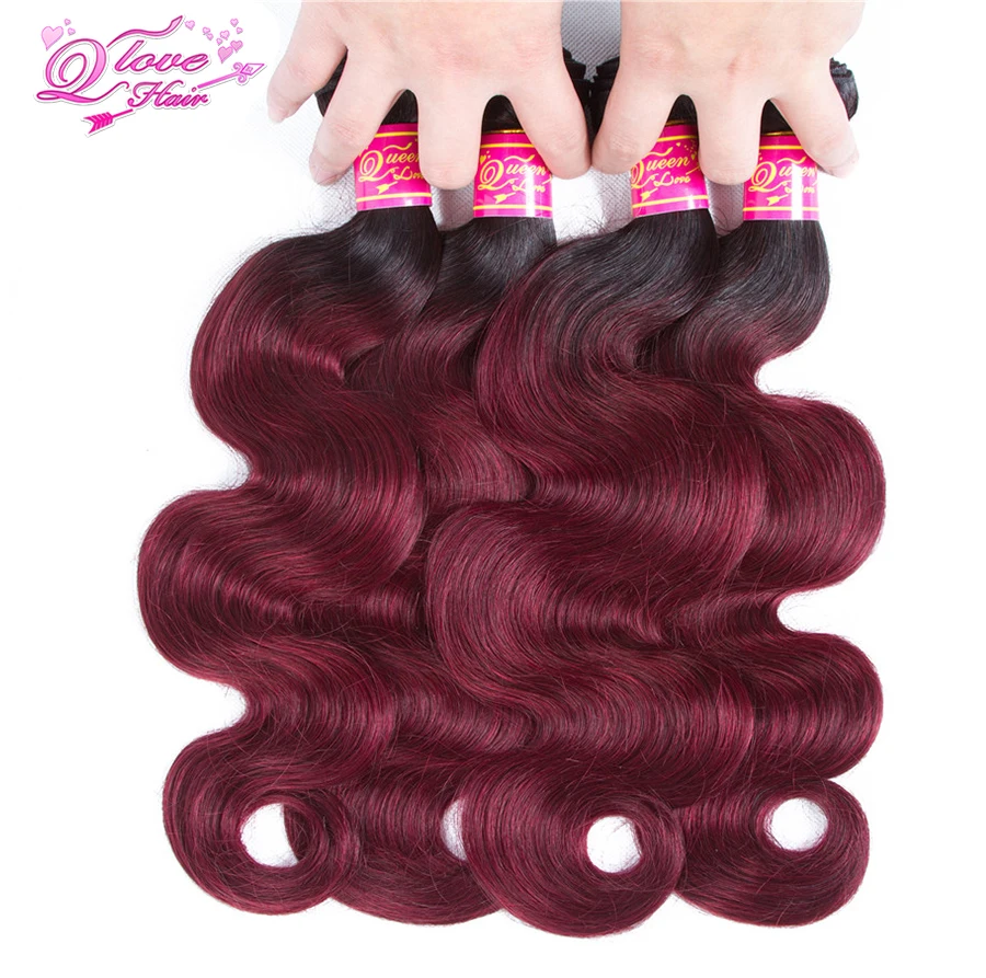 Queen Love Hair предварительно цветные Омбре перуанские Волосы на теле 1B 99J/бордовый