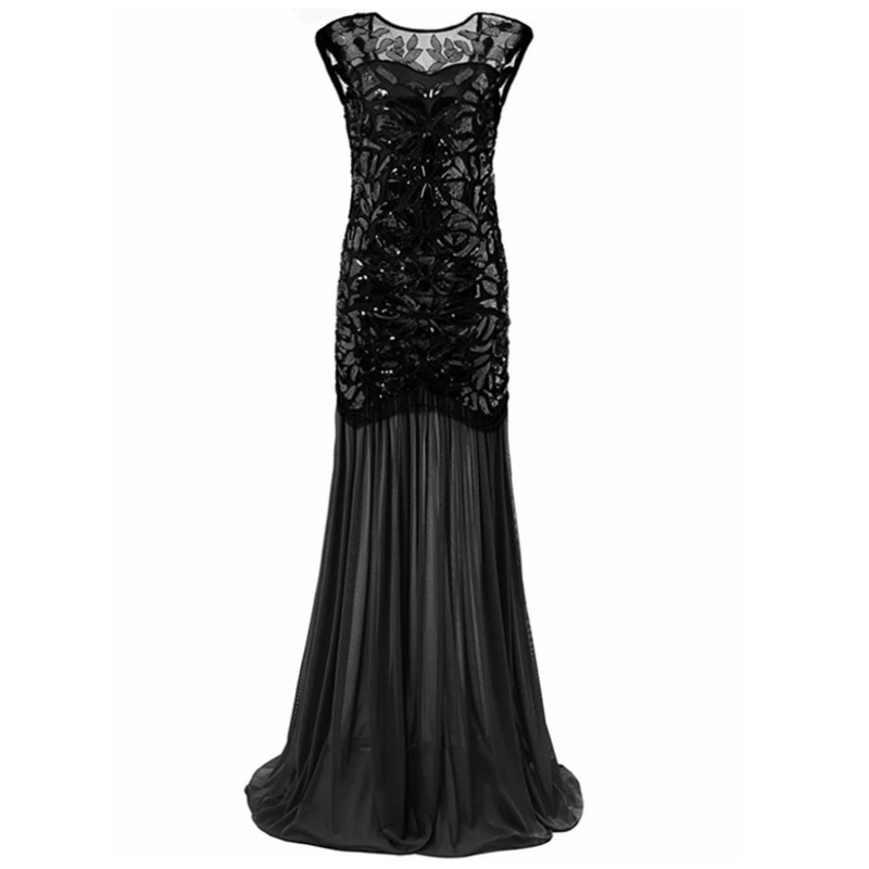 Black 1920s расшитые бисером и блестками платья Гэтсби Хлопушки длинные винтажные женские платья сверкающие шифоновые сексуальные шикарные новые Клубные платья размера плюс - Цвет: Black