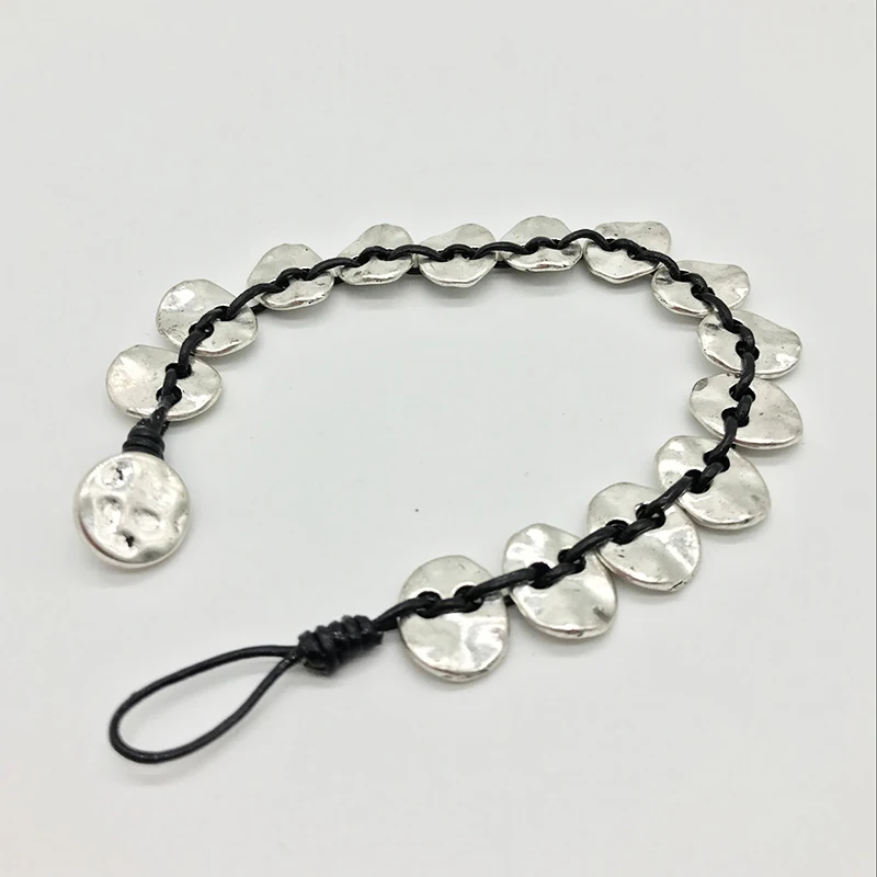 Новая Винтажная кожаная веревка ручной плетеный браслет Посеребренная круглая