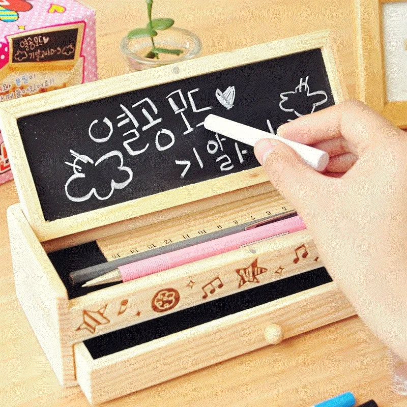 

Multifunctional School Pencil Holder Pen Case Vintage Wooden Box Stationery Bag Wood Color