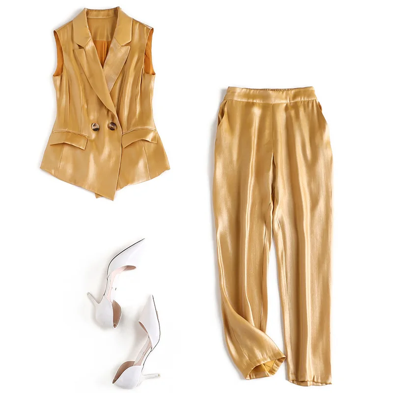 Летние Для женщин комплект из 2 частей блейзер без рукавов Топ + узкие брюки
