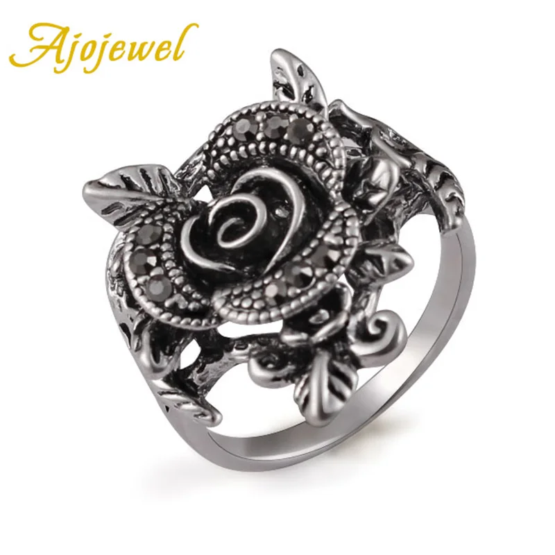 Ajojewel Новый Винтажный Черный Кристалл Стразы Цветок женское Ювелирное кольцо