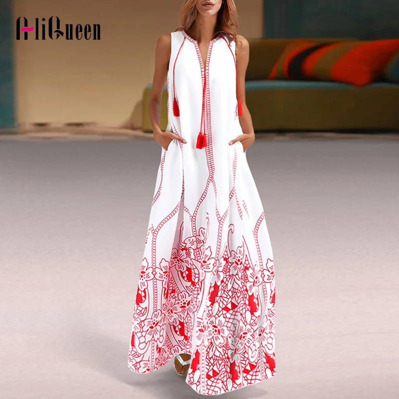 Платье-Макси женское с цветочным принтом пляжный хлопковый Свободный Длинный