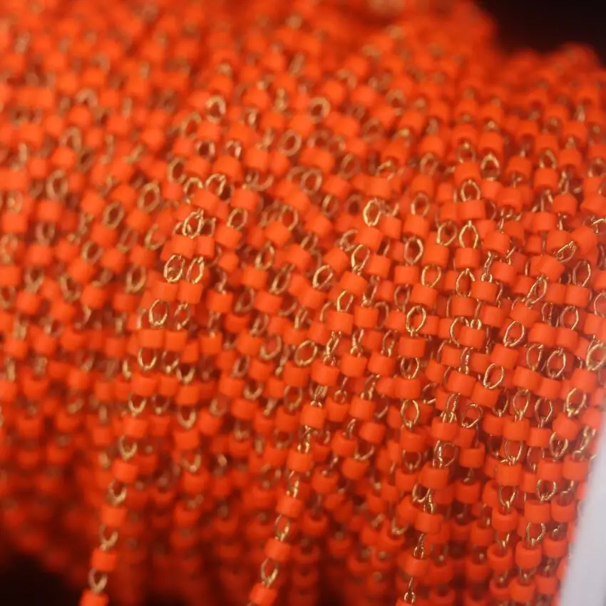 

NEW! Small Size Orange Miyuki Delica beads Link Rosary Chain,Brass Wire Wrapped Japanese seed beads Necklace Chain Craft Jewelry