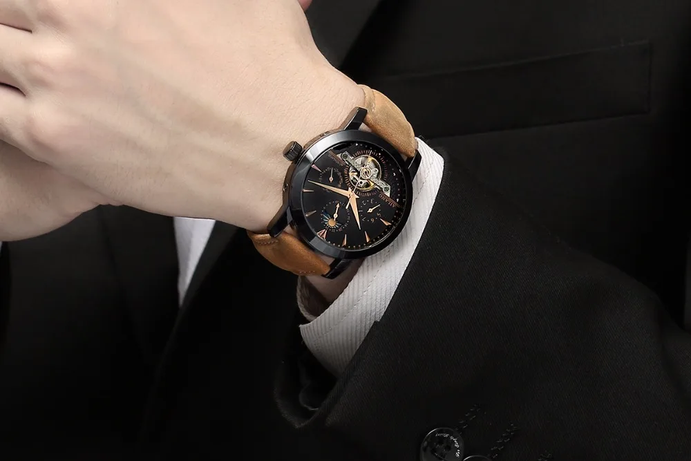 Real branded men's AILANG brand car wind waterproof leather strap auto tourbillon mechanical watch black dial male fashion | Наручные