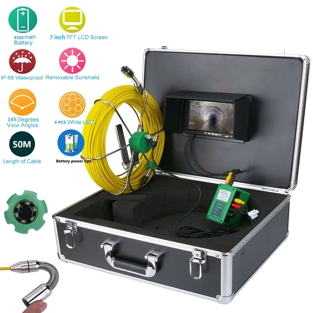 

MOUNTAINONE 7inch 22mm Pipe Sewer Inspection Video Camera System IP68 1000 TVL 6W LED 30M 40M 50M