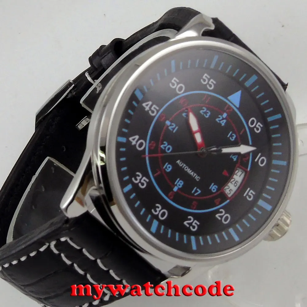 Мужские часы с автоматическим движением 44 мм черный циферблат синие отметки дата