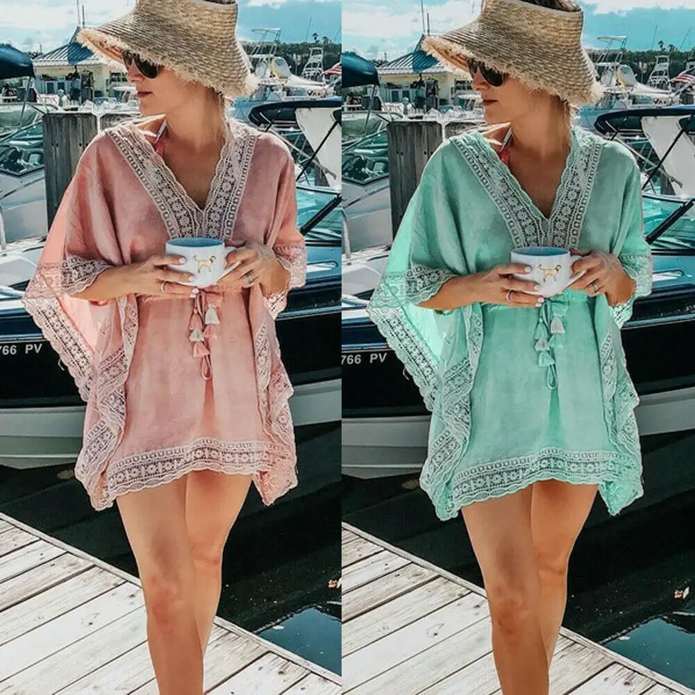 2019 Пляжная накидка на шнуровке кафтан с рукавом летучая мышь праздничное летнее