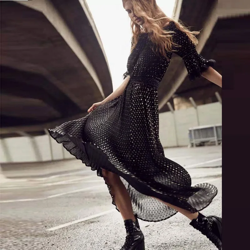 Высокое качество 2019 летнее подиумное Платье женское в горошек Плиссированное