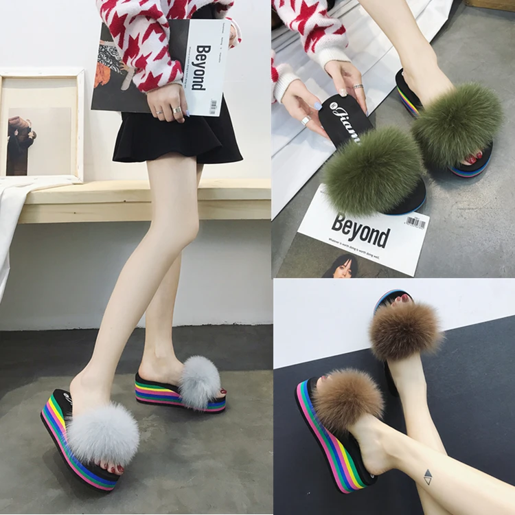 Тапочки из натурального Лисьего меха Женские модные шлепанцы | Обувь