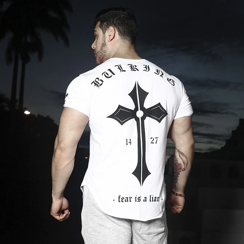 

Mens Run Jogging Sports Cotton T-shirt Man Gym Fitness Bodybuilding Short sleeve t shirt Male Workout Training Tee Tops Clothing