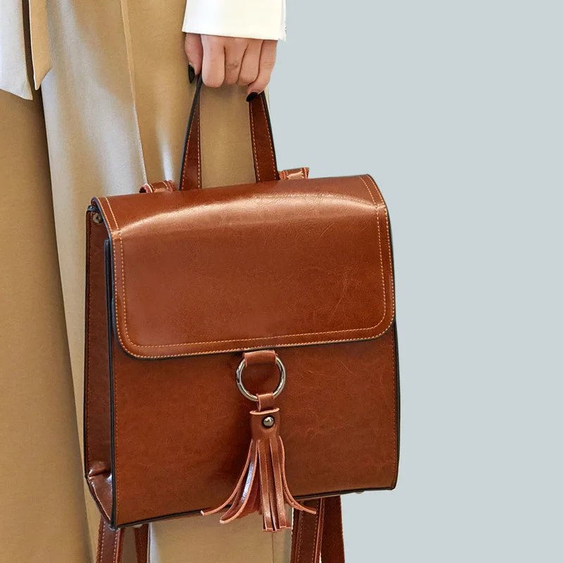 Высокое качество женский масляный воск яловой рюкзак школьный сумка для девочек