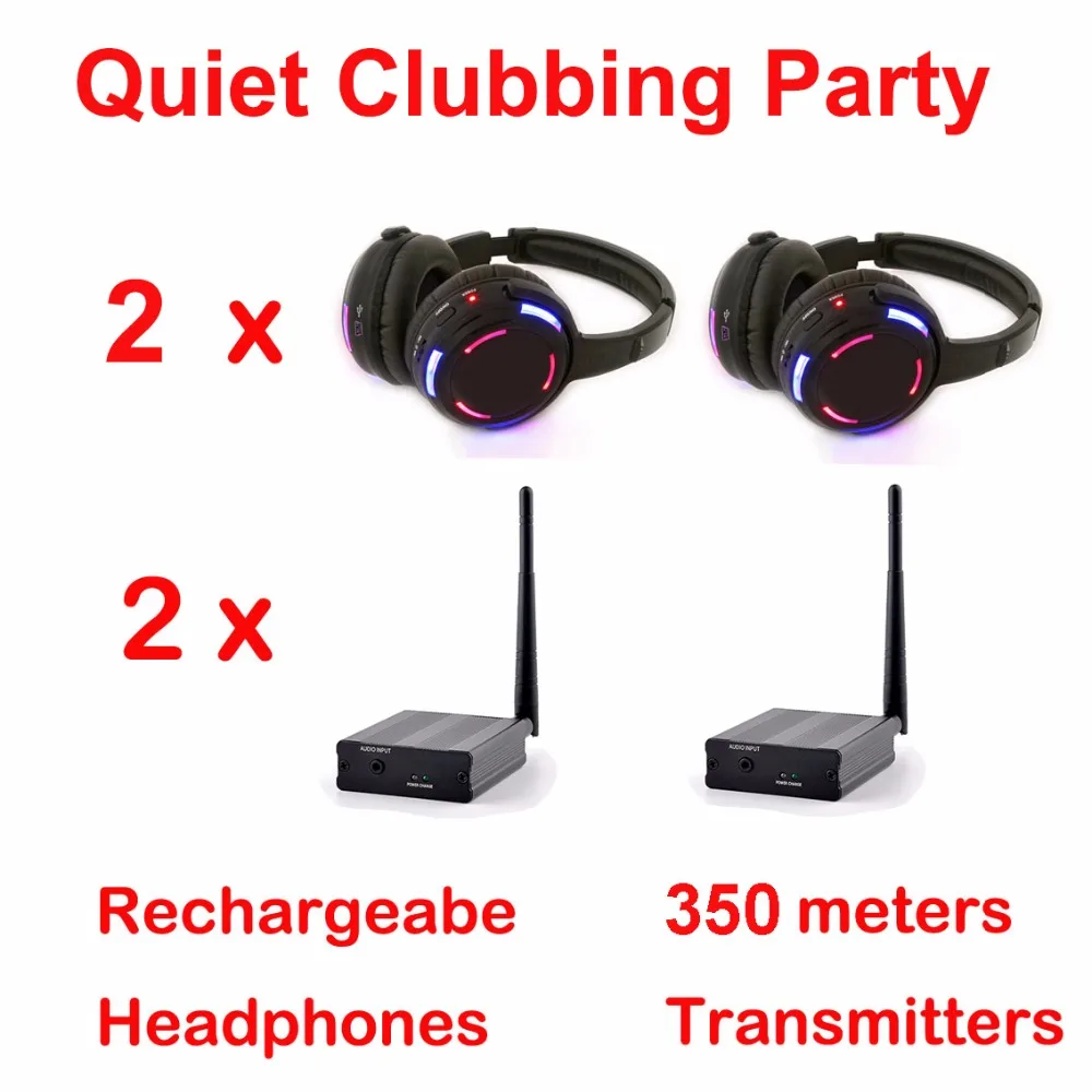 

Silent Disco compete system black led wireless headphones - Quiet Clubbing Party Bundle (2 Headphones + 2 Transmitters)