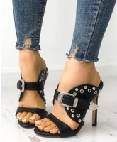 fashion caged rivet buckle strap pointed toe heels shoes for woman metal decoration in thin high heel slides summer