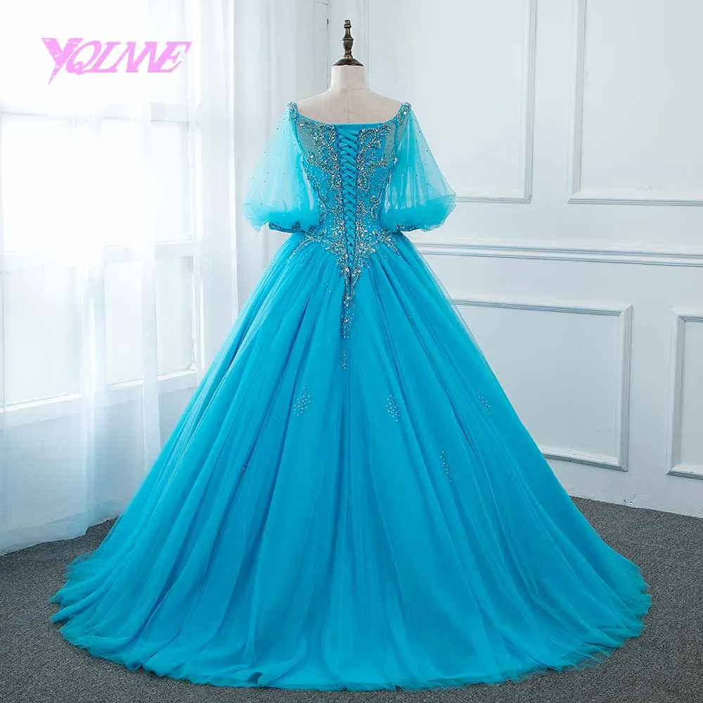 YQLNNE синий бальный наряд бальные платья Quinceanera кристаллами vestidos de 15 сладкий 16 платье; женская обувь на шнуровке с свободная Пышная юбка