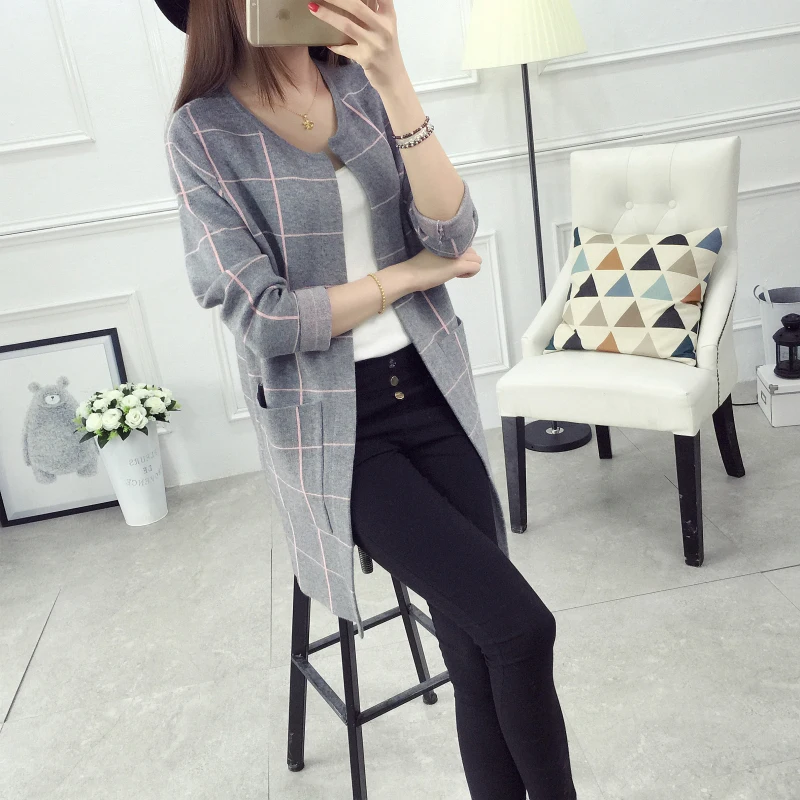 

2019 New Arrival Plaid Design Long Women Cardigan Open Stitch Slim Spring Autumn Winter Knitting Coat Knitwear Sweater