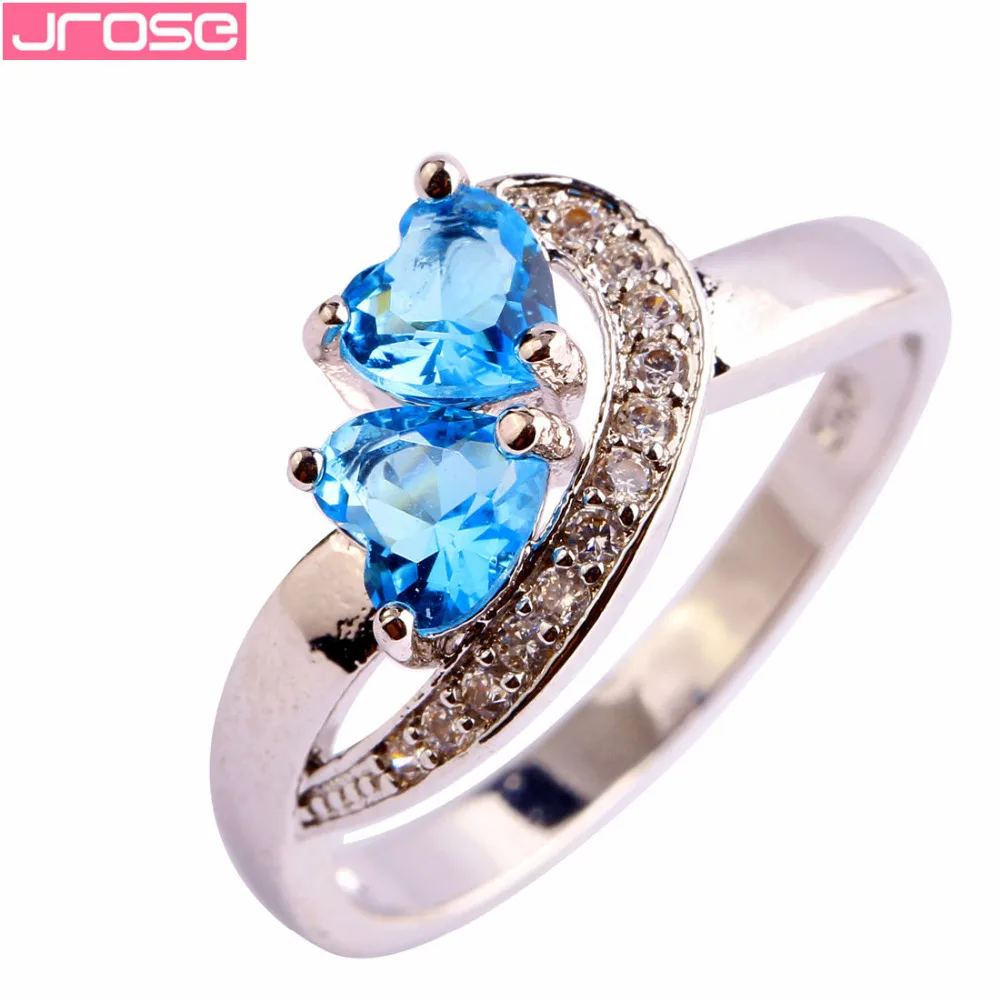 

JROSE Lovers Fashion Heart Silver Jewelry Blue & White CZ Silver Color Ring Size 6 7 8 9 10 11 Beauty Women Wedding Gifts