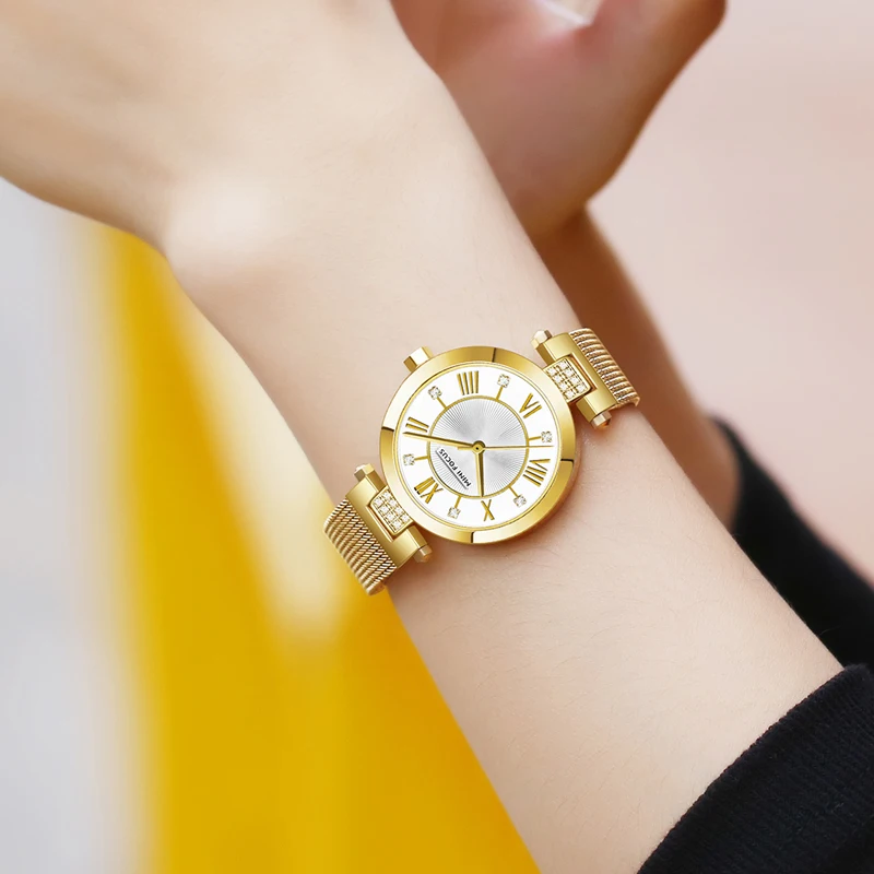 Женские кварцевые часы роскошные из нержавеющей стали золотые для девушек