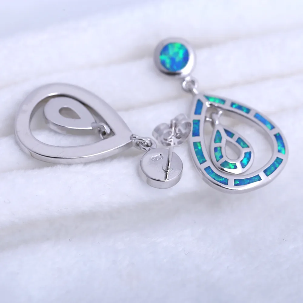 ROLILASON Trendy water drops earring silver plated stamped blue fire opal Drop Earrings fashion Jewelry OE741 | Украшения и