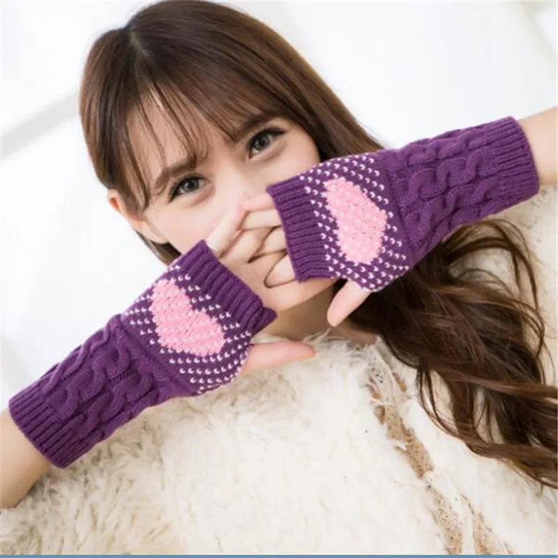 Трикотажные зимние перчатки без пальцев, женские перчатки Guantes Mujer Handschuhe, милые красные перчатки с сердечками для девушек, женские офисные перчатки, гетры на запястье
