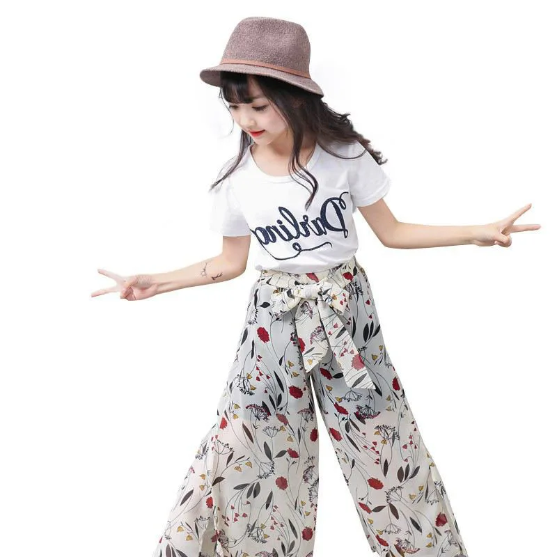 

2019 Summer Big Girls Suit Girl Clothing Set Cotton Short Sleeve T-shirt+Chiffon Wide Pants Kids Clothes Girls 6 to 14 Years
