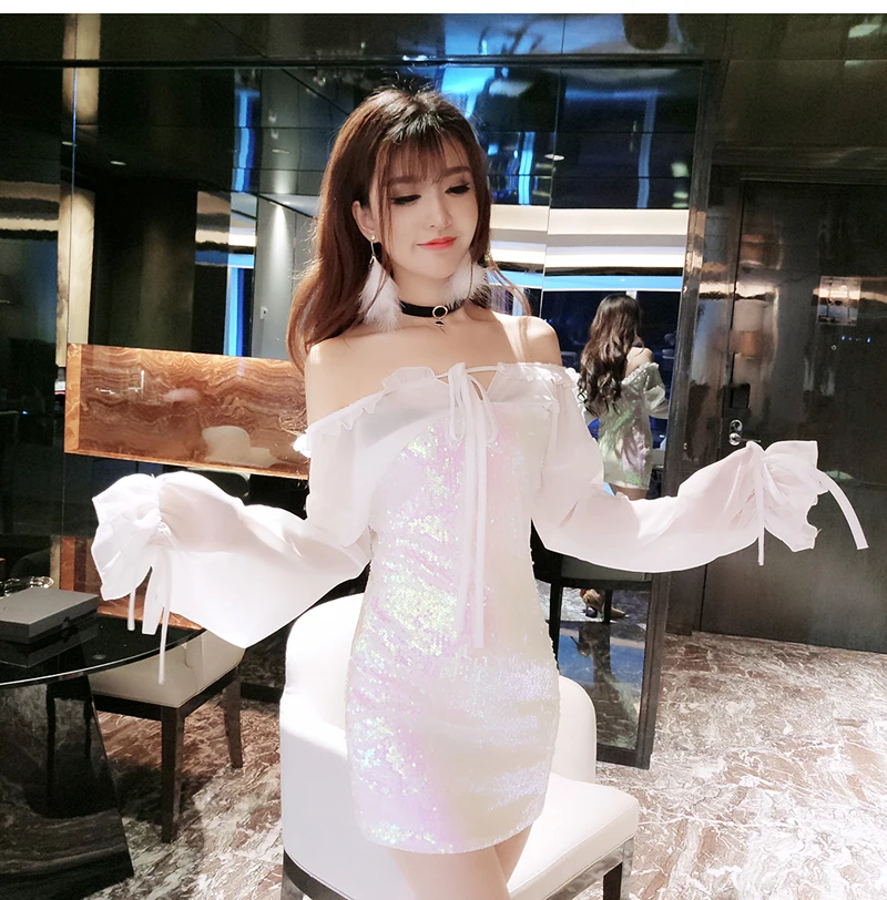Women Chiffon Sequin Bling Dress Girls Lolita Preppy Glitter Hologram Mini Dresses Slash Neck Sexy Club Bar Show DS Женская одежда