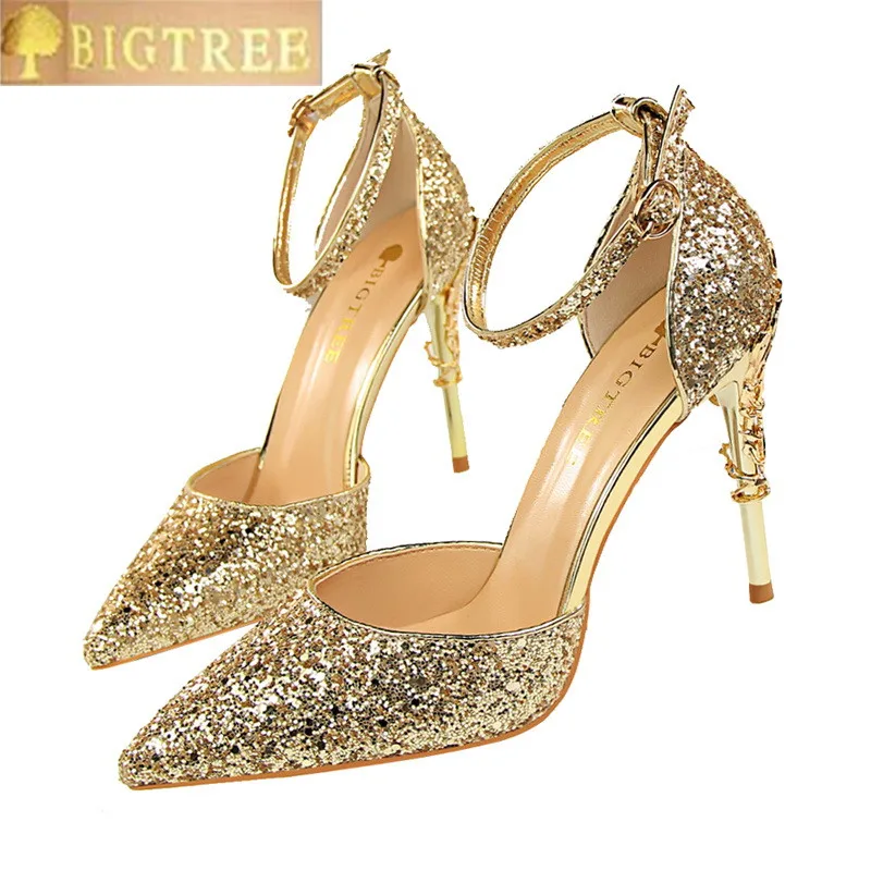 

Shining Sequined Cloth Buckle Sandals Women's Fashion Carved Metal Heels Party Shoes Pointed Toe Shallow High Heels Shoes Women