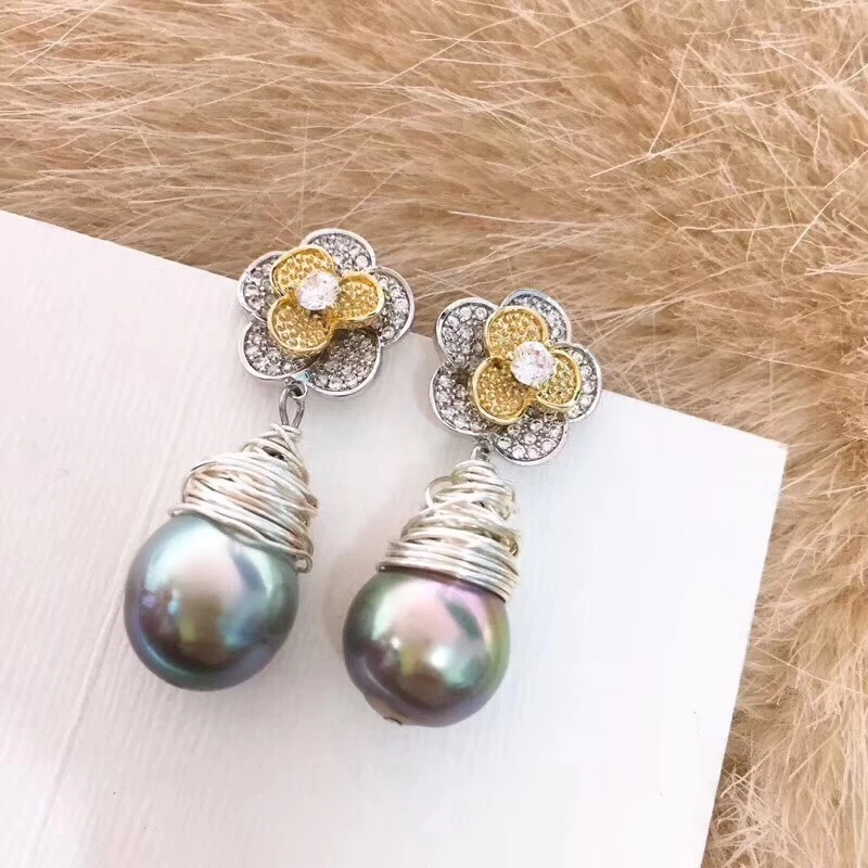 Серьги-капли из пресноводного жемчуга Tahitian, настоящая природа, черный жемчуг, 925 серебро, женские модные свадебные ювелирные украшения, стильные серьги DE014